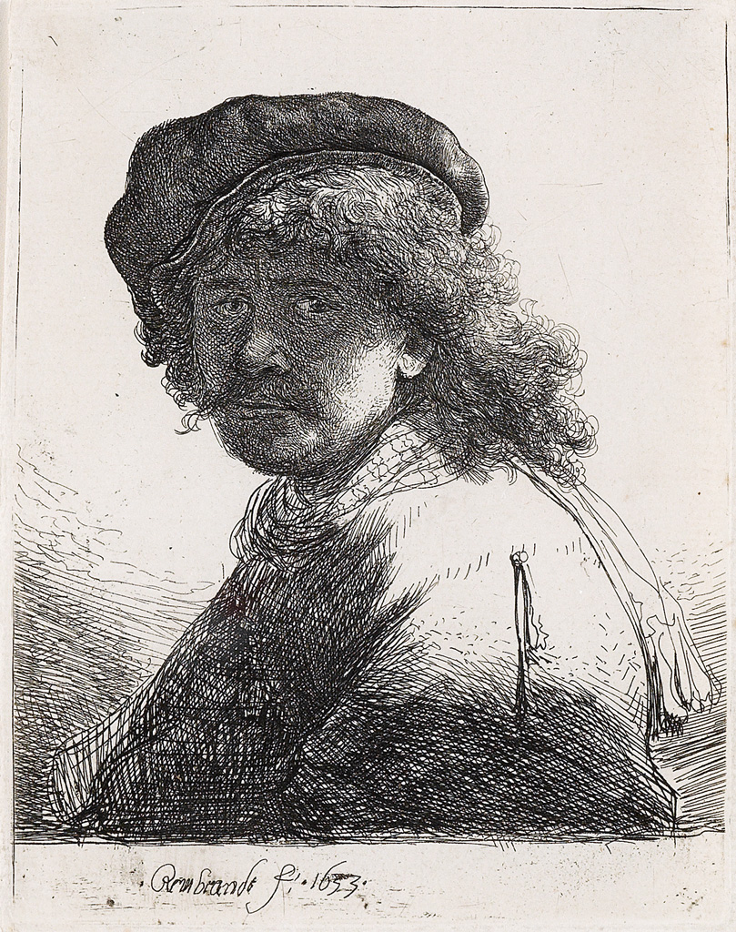 REMBRANDT VAN RIJN Self Portrait in a Cap and Scarf with the Face Dark: Bust.